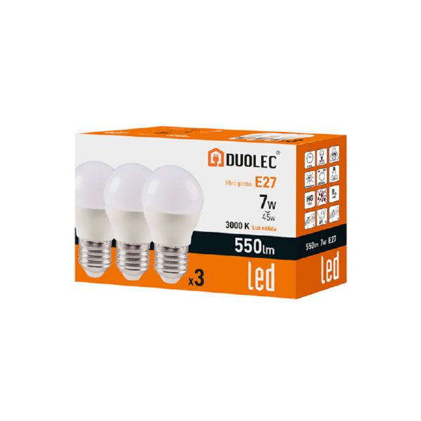 PACK 3BOMBETES ESFERICA LED 7W E27 3000K 550lm DUOLEC